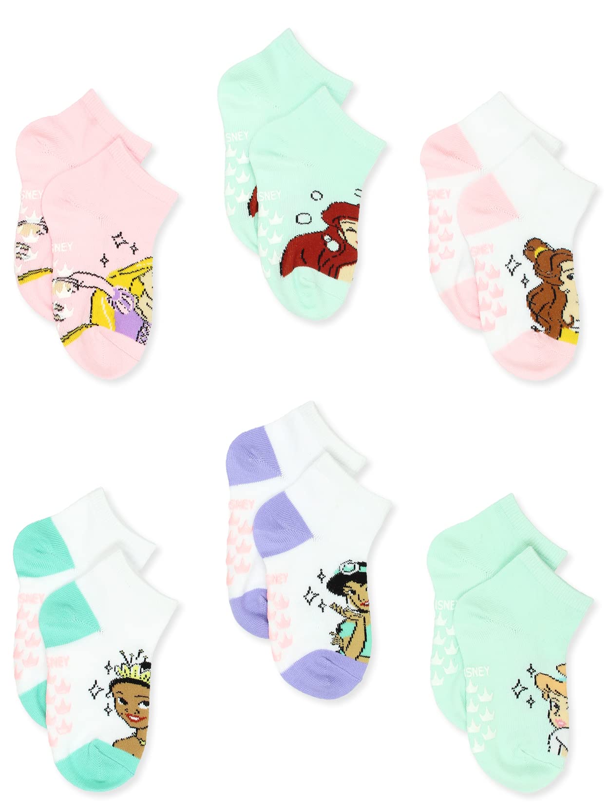 Disney Princess Toddler Girls 6 Pack Socks with Grippers (X-Small (2-4T), Aqua Blue)