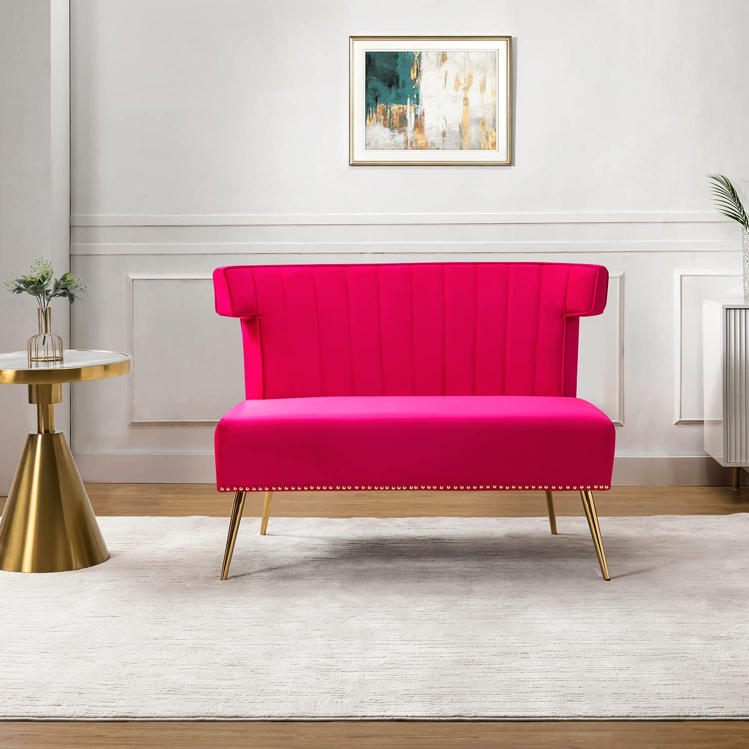 HULALA HOME Mid-Century Velvet Upholstered Loveseat Sofa Armless, Modern Loveseat Couch with Golden Metal Legs, Living Room Tufted Velvet 2 Seater Sofa Chairs for Apartment Small Spaces（FUCHSIA）