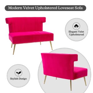 HULALA HOME Mid-Century Velvet Upholstered Loveseat Sofa Armless, Modern Loveseat Couch with Golden Metal Legs, Living Room Tufted Velvet 2 Seater Sofa Chairs for Apartment Small Spaces（FUCHSIA）