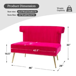 HULALA HOME Mid-Century Velvet Upholstered Loveseat Sofa Armless, Modern Loveseat Couch with Golden Metal Legs, Living Room Tufted Velvet 2 Seater Sofa Chairs for Apartment Small Spaces（FUCHSIA）