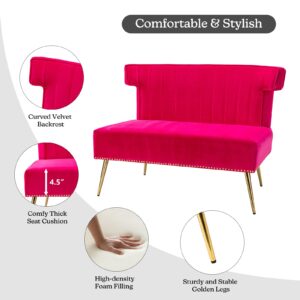 HULALA HOME Mid-Century Velvet Upholstered Loveseat Sofa Armless, Modern Loveseat Couch with Golden Metal Legs, Living Room Tufted Velvet 2 Seater Sofa Chairs for Apartment Small Spaces（FUCHSIA）