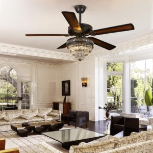 Crystal Ceiling Fan Fandelier with Lights - Modern Outdoor Fans with Remote Control，Noiseless AC Motor, Retro/Farmhouse Lighting, Dining Room， Living Room (52"