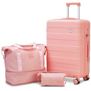 imiomo 24 in checked luggage, suitcase with spinner wheels, hardside 3pcs set lightweight rolling travel luggage with tsa lock(24"/pink)