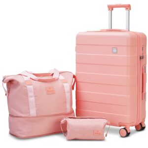 imiomo 24 IN Checked Luggage, Suitcase with Spinner Wheels, Hardside 3PCS Set Lightweight Rolling Travel Luggage with TSA Lock(24"/Pink)