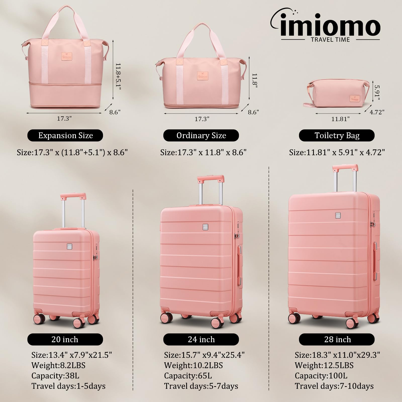 imiomo 24 IN Checked Luggage, Suitcase with Spinner Wheels, Hardside 3PCS Set Lightweight Rolling Travel Luggage with TSA Lock(24"/Pink)