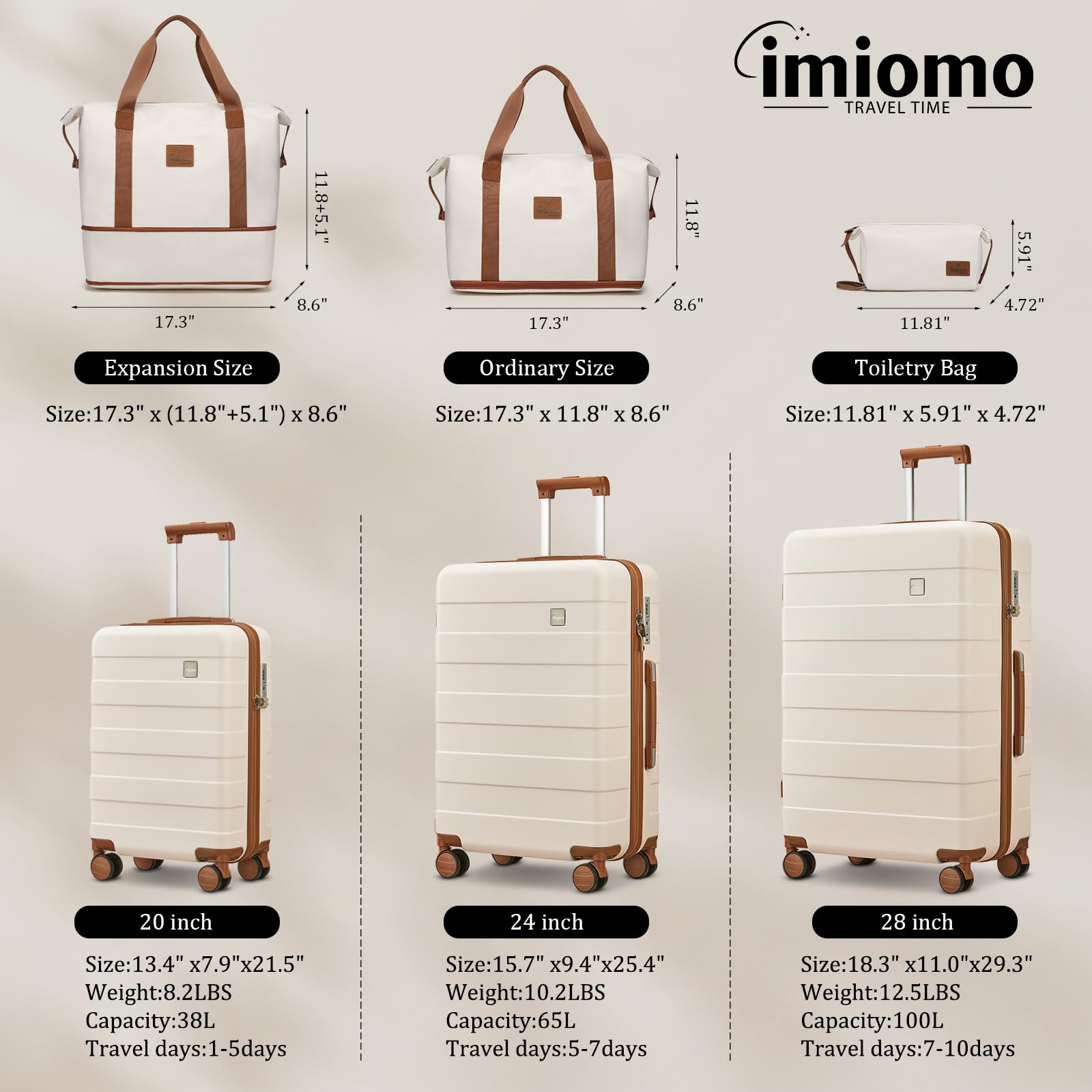 imiomo 28 IN Large Luggage, Suitcase with Spinner Wheels, Hardside 3PCS Set Lightweight Rolling Travel Luggage with TSA Lock(28"/Beige)