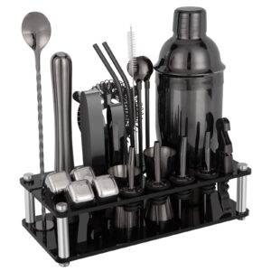 23 piece cocktail shaker set bartender kit with acrylic stand & cocktail recipes booklet, professional bar tools for drink mixing, home, bar, party (include 4 whiskey stones) - black