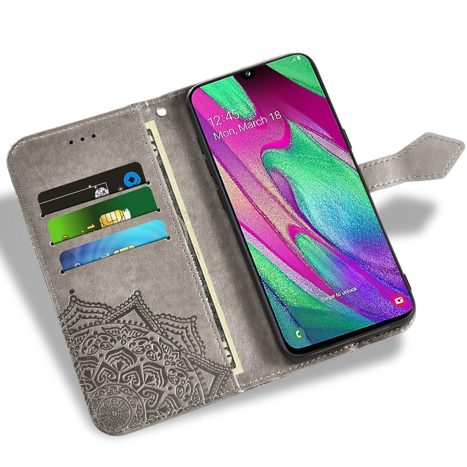 Compatible with Samsung Galaxy A40 Wallet Case and Tempered Glass Screen Protector Leather Mandala Flower Flip Cover Credit Card Holder Stand Cell Phone Cases for Glaxay A 40 Gaxaly 40A Women Men Gray