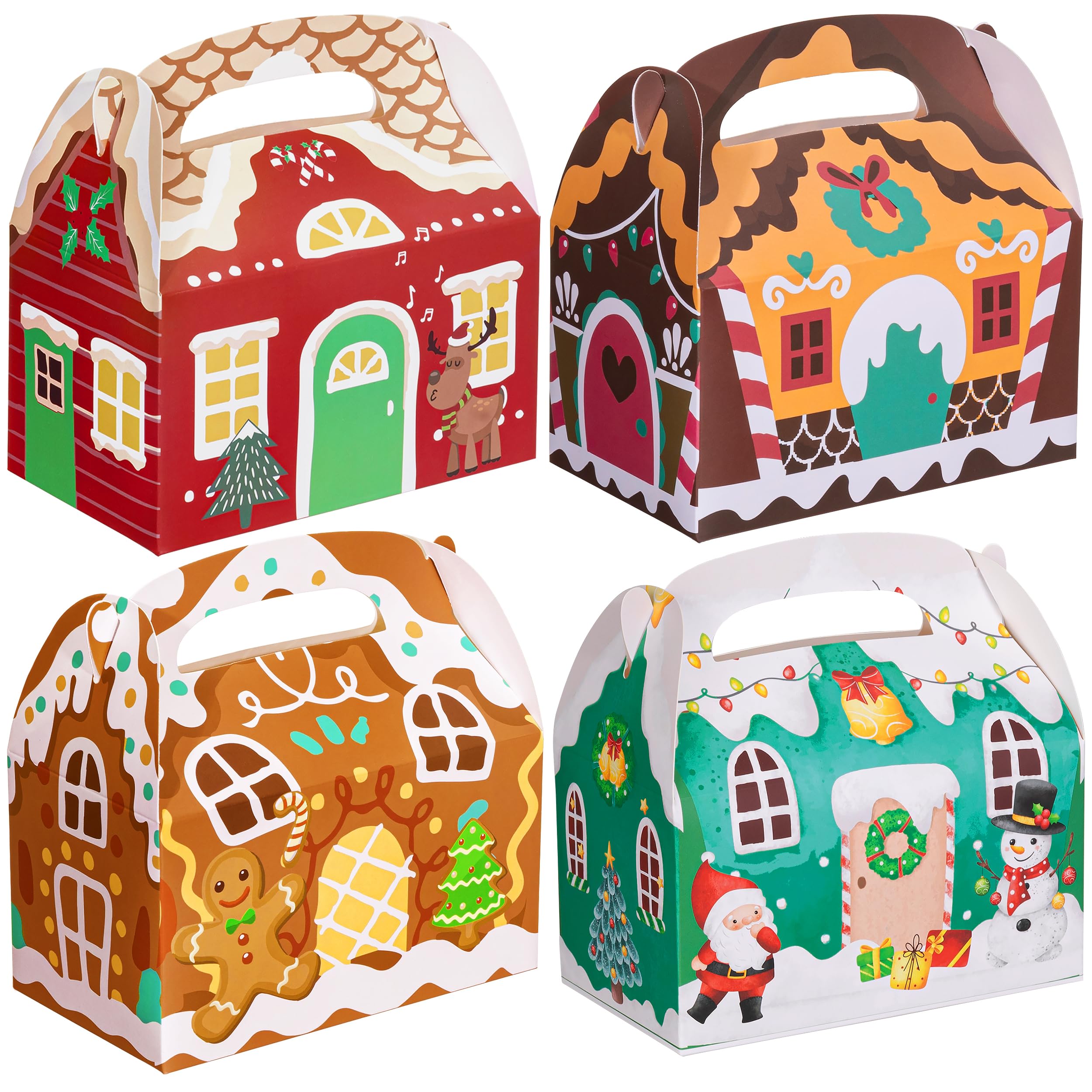 Sunolga 24 Pieces 3D Christmas Cardboard Treat Gift Boxes for Holiday with 4 Patterns Xmas Goody Gift Christmas House Cardboard Gifts Boxes Crafting and Cookie Boxes