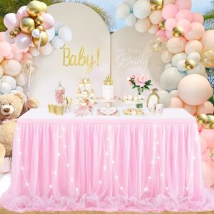 6ft Pink Tulle Table Skirt for Rectangle Tables or Round Tables with LED Lights Baby Shower Tablecloth Tutu Table Skirts for Princess Girl Birthday Party Cake Dessert Table Decorations