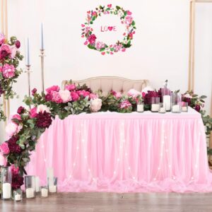 6ft Pink Tulle Table Skirt for Rectangle Tables or Round Tables with LED Lights Baby Shower Tablecloth Tutu Table Skirts for Princess Girl Birthday Party Cake Dessert Table Decorations