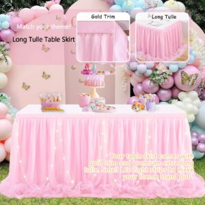 6ft Pink Tulle Table Skirt for Rectangle Tables or Round Tables with LED Lights Baby Shower Tablecloth Tutu Table Skirts for Princess Girl Birthday Party Cake Dessert Table Decorations