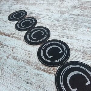 Round Handmade Coasters - Personalized Coasters Set of 6 - Custom Engraved Barware Decorations - Leather Bar Decor - Man Cave Father's Day Present (Black/Silver)