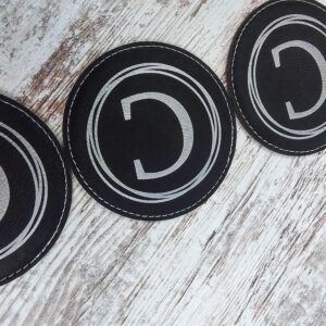 Round Handmade Coasters - Personalized Coasters Set of 6 - Custom Engraved Barware Decorations - Leather Bar Decor - Man Cave Father's Day Present (Black/Silver)