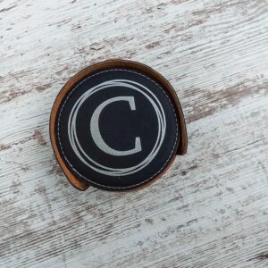 Round Handmade Coasters - Personalized Coasters Set of 6 - Custom Engraved Barware Decorations - Leather Bar Decor - Man Cave Father's Day Present (Black/Silver)