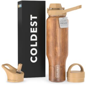 coldest sports water bottle - 3 lids (chug lid, straw lid, handle lid) tumbler with handle on lid water bottles cup vacuum insulated stainless steel, fits cirkul lid (46 oz, executive wood)