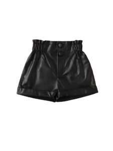 wdirara toddler girl's paper bag waist button front wide leg pu leather shorts black 110