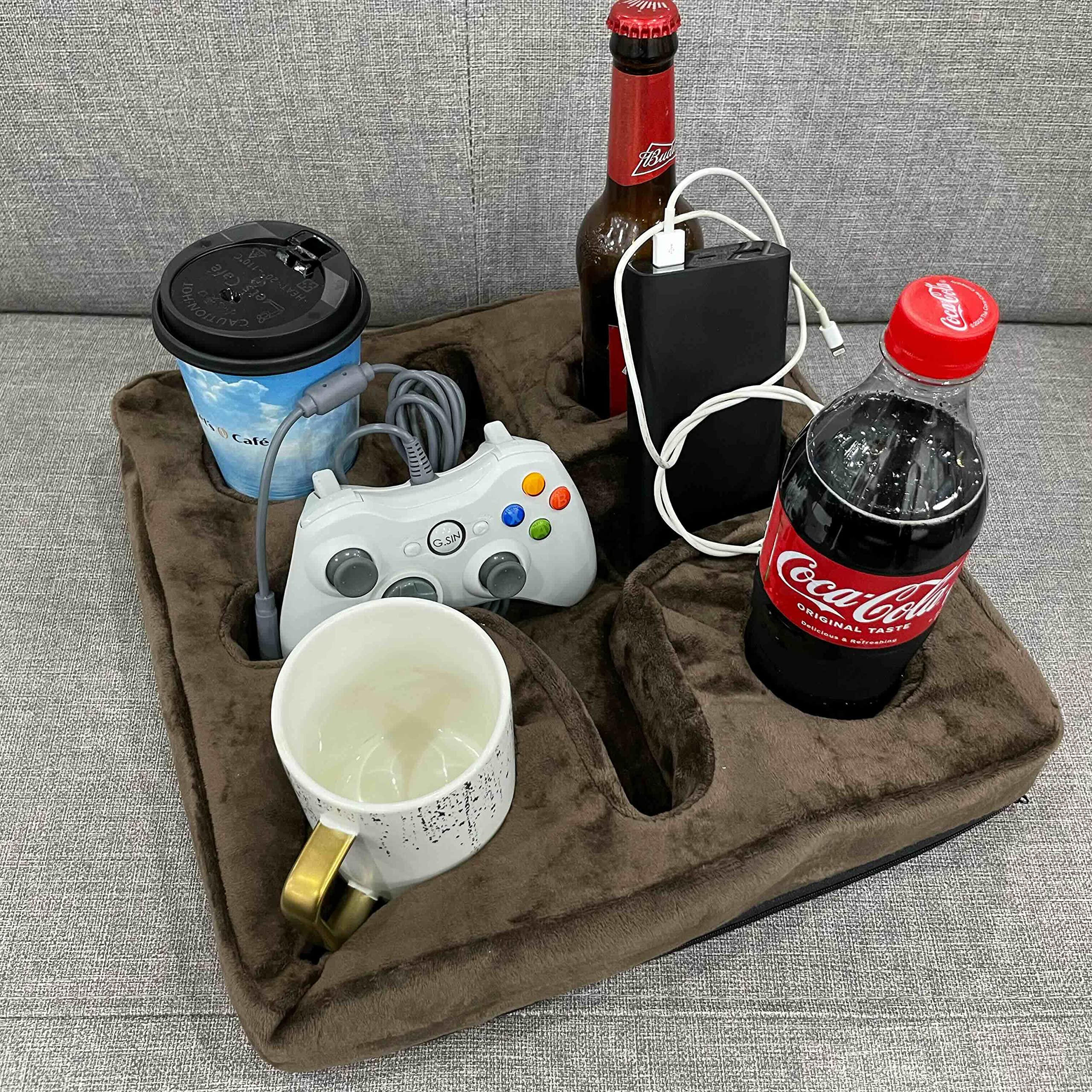 Xchouxer Couch and Bed Cup Holder Pillow, Sofa Refreshment Tray for Drinks/Remote Control/Snacks Holder (Brown)