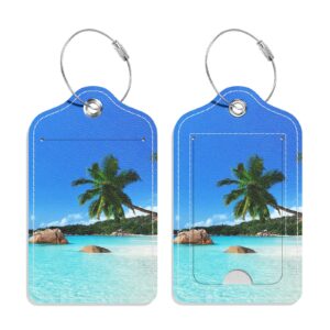 gdjege luggage tags for suitcase, 2 pack pu leather travel cruise luggage tag with privacy flap, name id label and metal loop for women men girls suitcase baggage bag backpack instrument, happy beach