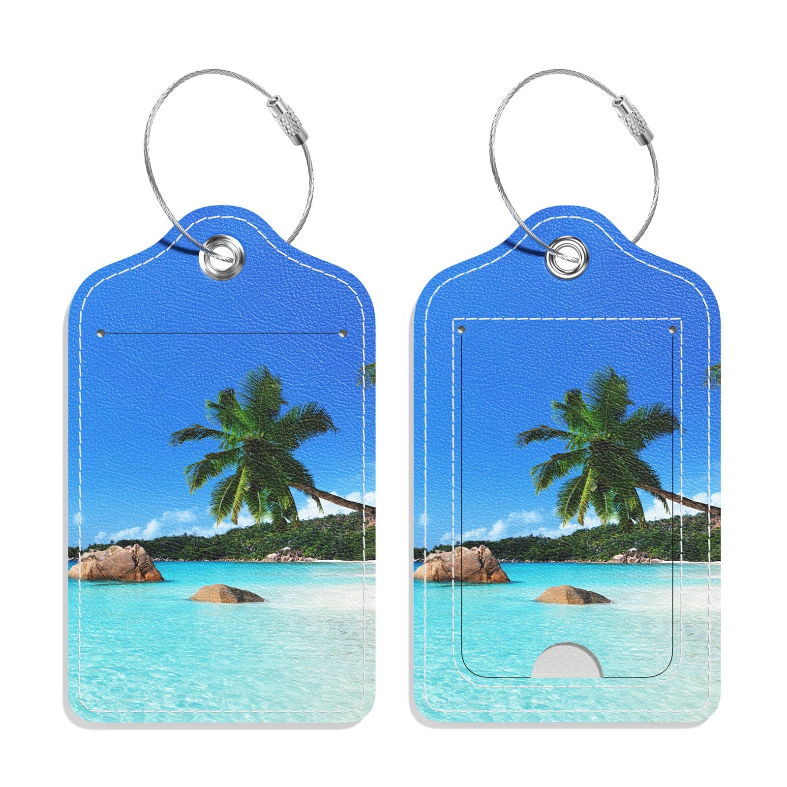 GDJEGE Luggage Tags for Suitcase, 2 Pack PU Leather Travel Cruise Luggage Tag with Privacy Flap, Name ID Label and Metal Loop for Women Men Girls Suitcase Baggage Bag Backpack Instrument, Happy Beach