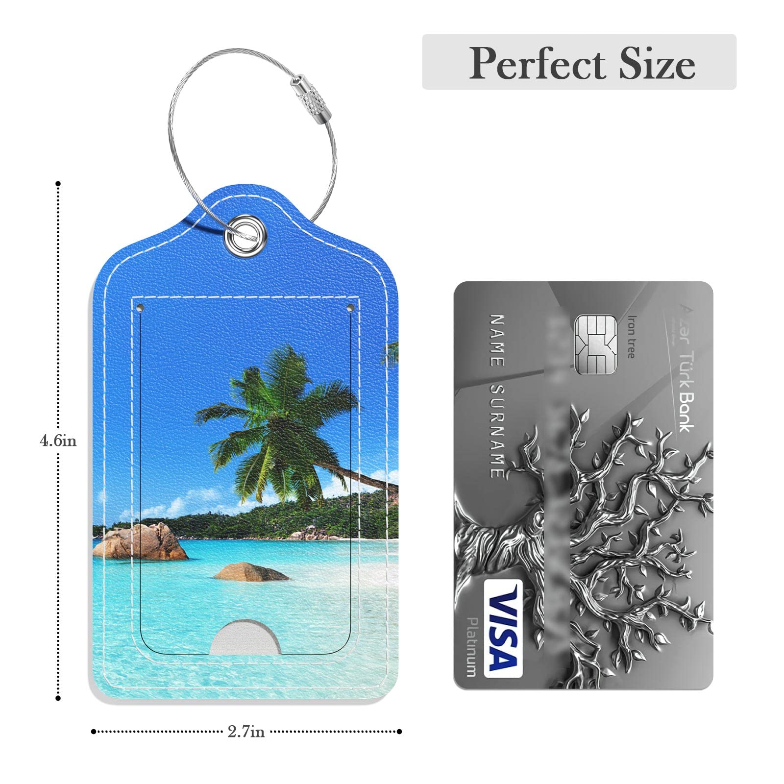 GDJEGE Luggage Tags for Suitcase, 2 Pack PU Leather Travel Cruise Luggage Tag with Privacy Flap, Name ID Label and Metal Loop for Women Men Girls Suitcase Baggage Bag Backpack Instrument, Happy Beach