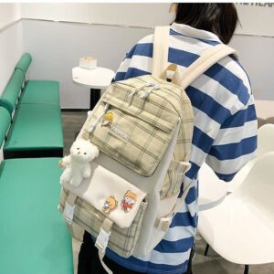 TABANA 5Pcs Kawaii Canvas School Backpack Combo Set with Pear Pendant Cute Pins Tote Bag Pencil Pouch Plaid Checkered Aesthetic Laptop Schoolbag Daypack Kit Back To School (Grey)