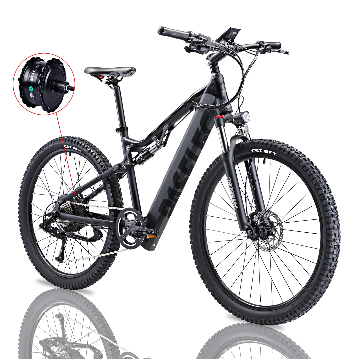 PASELEC Electric Bike with BAFANG Motor 750W Peak, 28MPH Full Suspension Ebike, Electric Bike for Adults, Electric Mountain Bicycle with 13Ah Battery,27.5'' E-MTB, Professional 9-Speed Gears