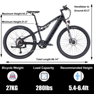 PASELEC Electric Bike with BAFANG Motor 750W Peak, 28MPH Full Suspension Ebike, Electric Bike for Adults, Electric Mountain Bicycle with 13Ah Battery,27.5'' E-MTB, Professional 9-Speed Gears