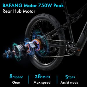 PASELEC Electric Bike with BAFANG Motor 750W Peak, 28MPH Full Suspension Ebike, Electric Bike for Adults, Electric Mountain Bicycle with 13Ah Battery,27.5'' E-MTB, Professional 9-Speed Gears