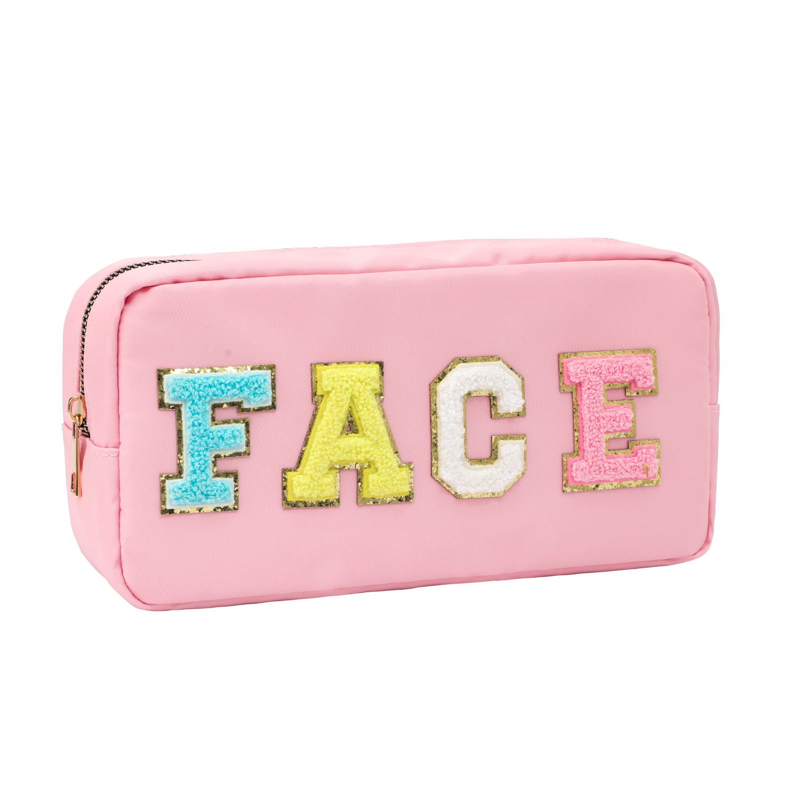 DYSHAYEN Nylon Cosmetic Bag Preppy Face Care Makeup Bag for Women Travel Toiletry Organizer with Chenille Letter Patches (Pink-FACE)