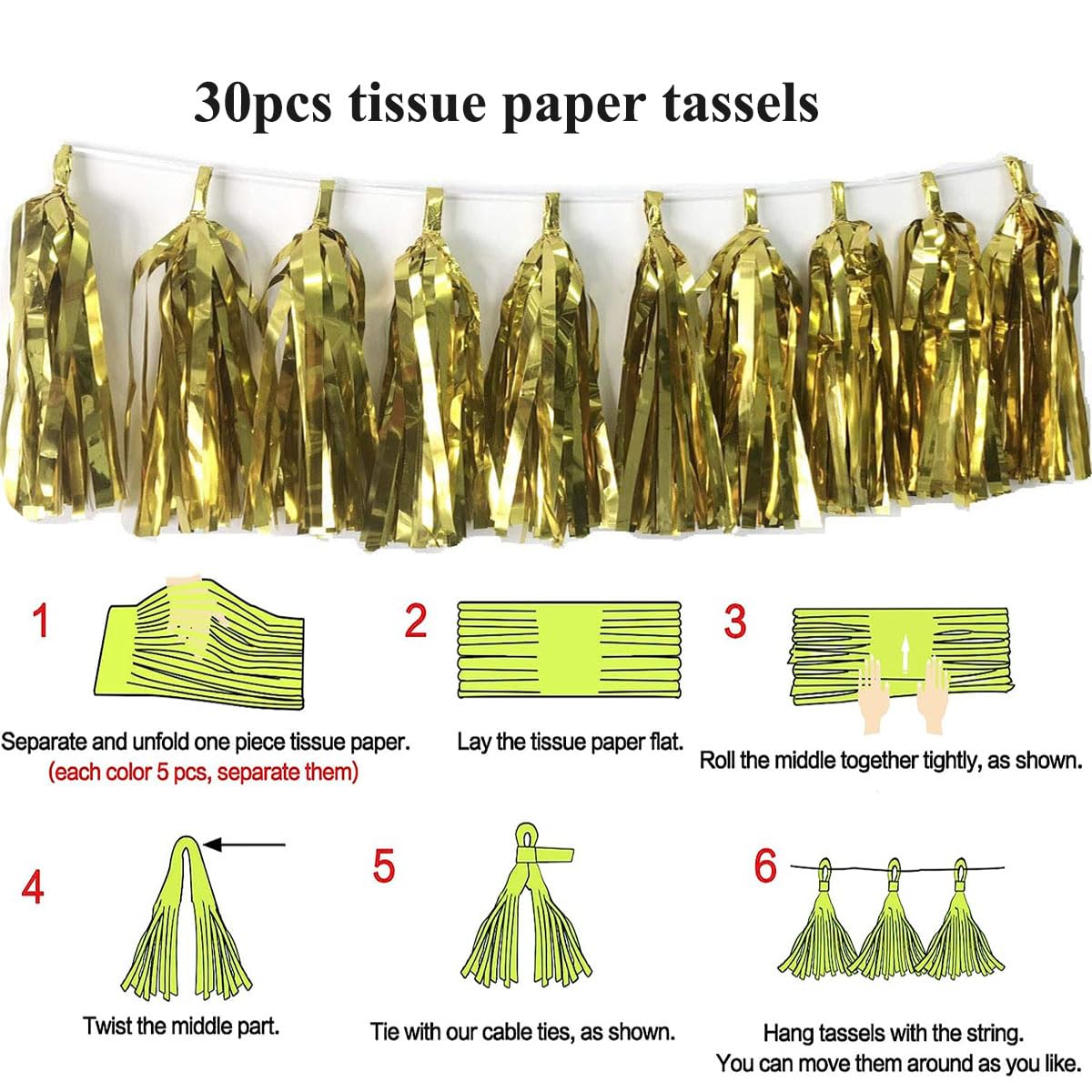 30pcs Paper Tassels Garland Banner Tissue Paper Tassel DIY Hanging Paper Decorations Party Tassel Garland Decor Baby Shower Nursery Wedding Festival Baby Shower Decoration(30, Gold)