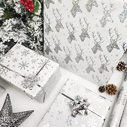 LDGOOAEL Christmas Wrapping Paper Roll with Cut Lines on Reverse - Metallic Silver foil for Holiday, Chistmas, Birthday, Wedding, Baby Shower - 4 Roll - 30Inch X 10Feet Per Roll