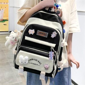 Aobiono 5Pcs Kawaii Backpack Set Aesthetic Preppy Cute School Supplies Kit with Pins Bear Pendant Light Academia Pastel Soft Cottagecore Japanese (Black)