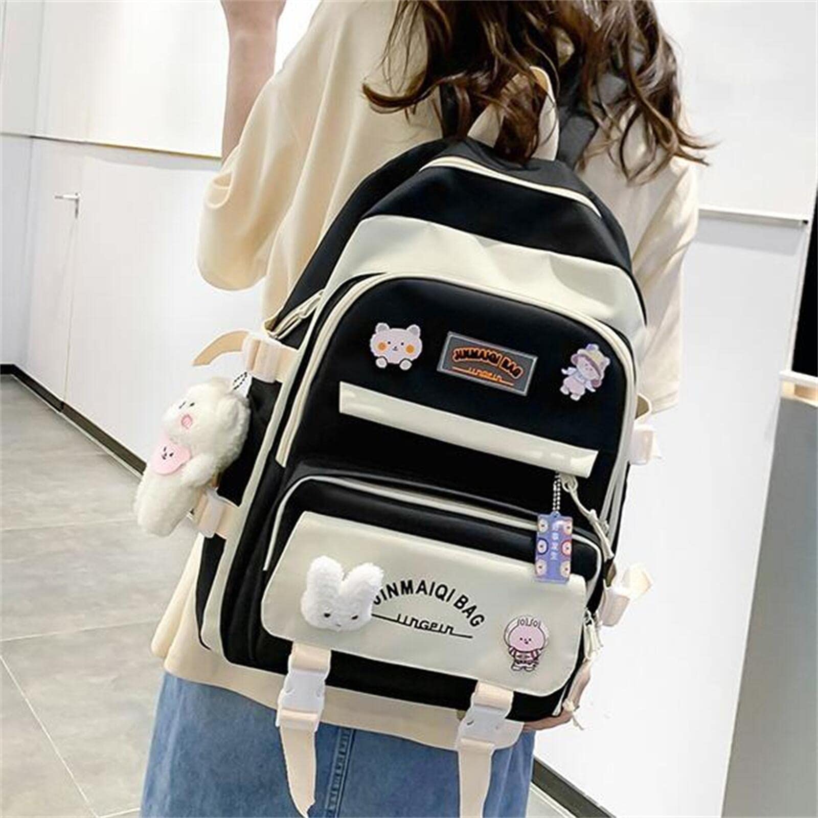 Aobiono 5Pcs Kawaii Backpack Set Aesthetic Preppy Cute School Supplies Kit with Pins Bear Pendant Light Academia Pastel Soft Cottagecore Japanese (Black)