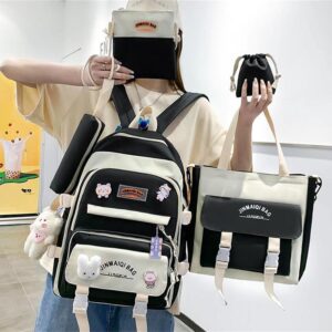 Aobiono 5Pcs Kawaii Backpack Set Aesthetic Preppy Cute School Supplies Kit with Pins Bear Pendant Light Academia Pastel Soft Cottagecore Japanese (Black)