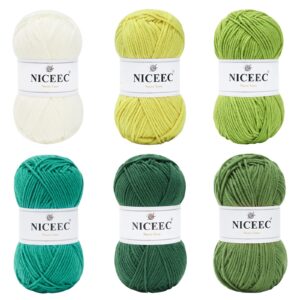 niceec 6×50g soft assorted colors yarn sport weight yarn bonbons yarn for crochet knit 4 ply acrylic yarn for diy project starter crochet kit for kids or adults(6×145yds)-green series