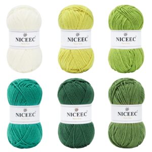 NICEEC 6×50g Soft Assorted Colors Yarn Sport Weight Yarn Bonbons Yarn for Crochet Knit 4 Ply Acrylic Yarn for DIY Project Starter Crochet Kit for Kids or Adults(6×145yds)-Green Series