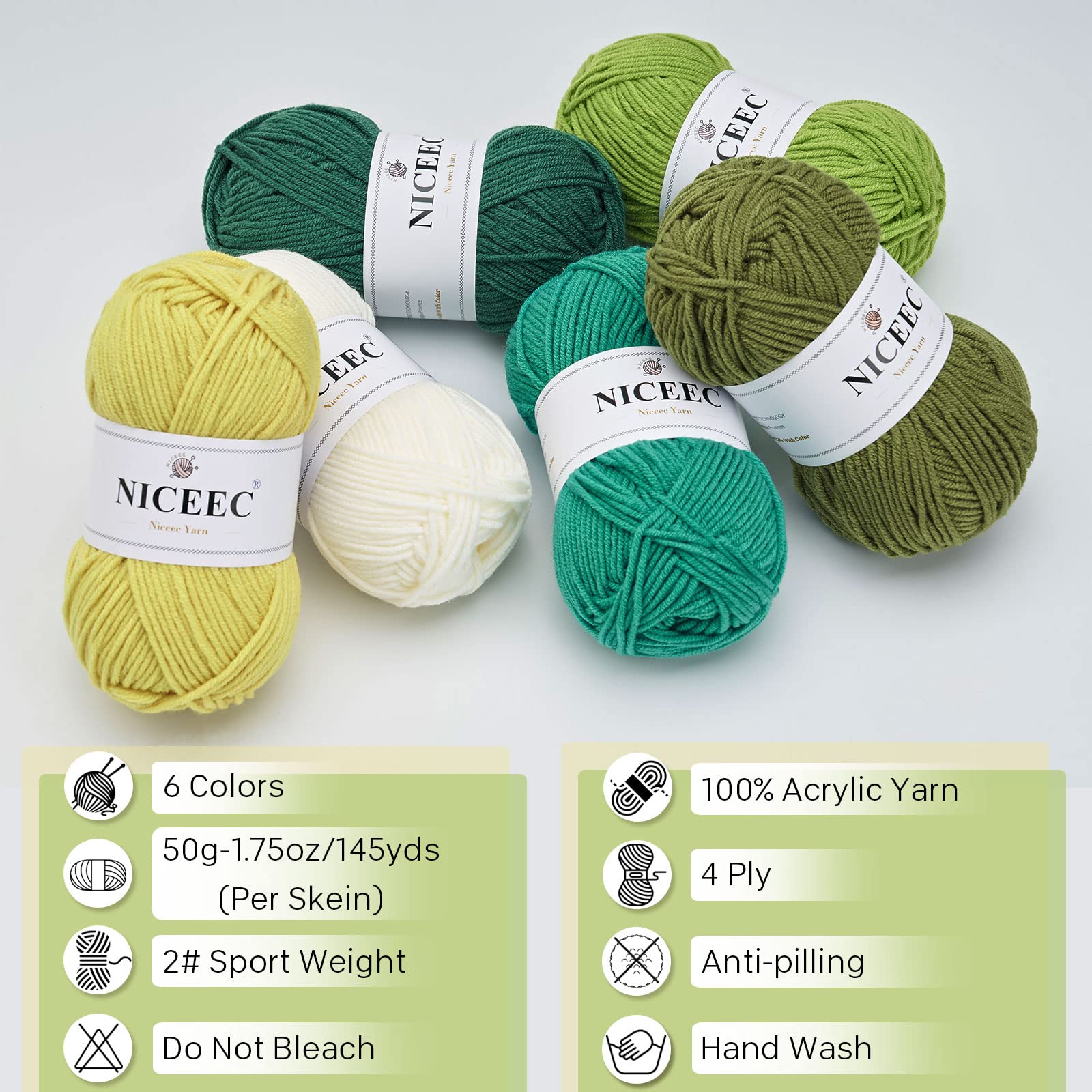 NICEEC 6×50g Soft Assorted Colors Yarn Sport Weight Yarn Bonbons Yarn for Crochet Knit 4 Ply Acrylic Yarn for DIY Project Starter Crochet Kit for Kids or Adults(6×145yds)-Green Series