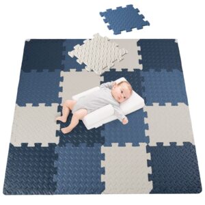 homtol 15 pieces foam play mats, puzzle playmat for floor, interlocking tiles, baby crawl playmats, colorful floor mat for kids (navy blue/light blue/white)