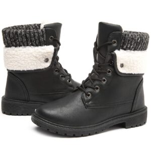 hash bubbie women's waterproof winter boots black combat boots mid calf snow boots pu leather boots lace up fur lined ankle booties（black.us9）