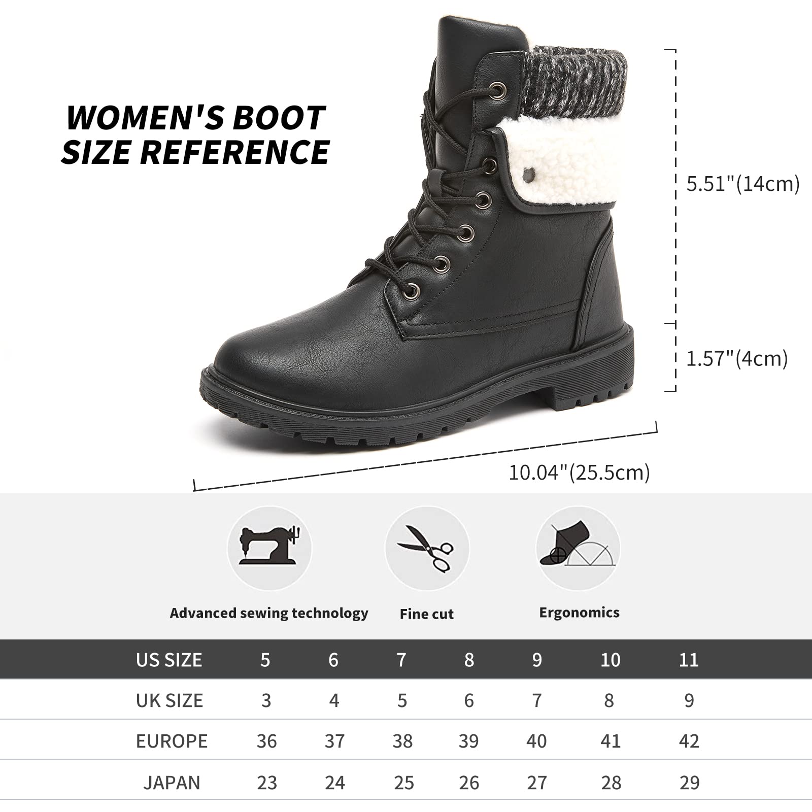 hash bubbie Women's Waterproof Winter Boots Black Combat Boots Mid Calf Snow Boots PU Leather Boots Lace up Fur Lined Ankle Booties（Black.US9）