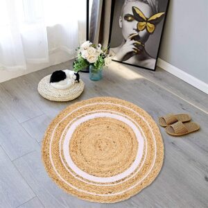 Round Shape Braided Rug Floor Rug mat Cotton Home Decor Rug Circular Meditation mat Yoga mat Jute Rug Solid Area Rugs (2 feet, White)