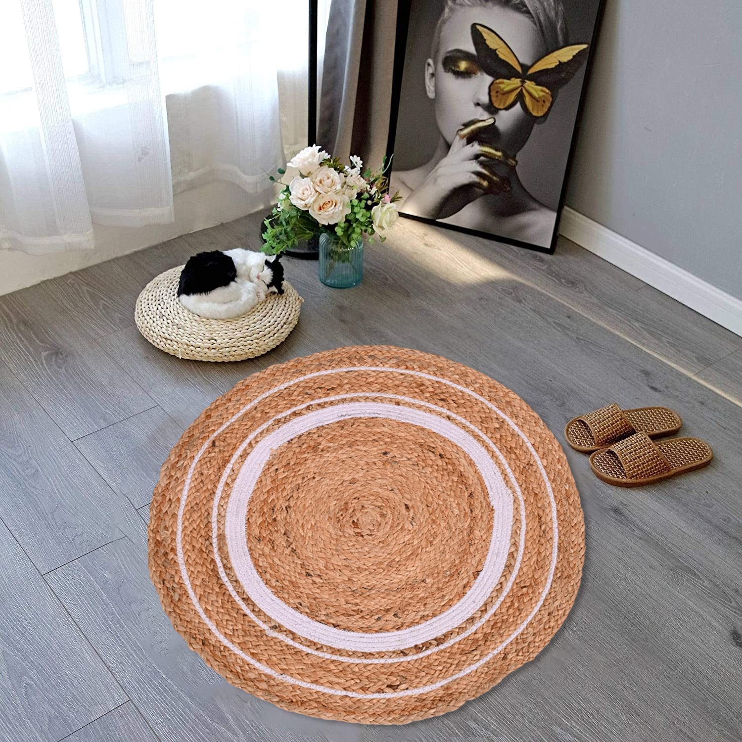 Round Shape Braided Rug Floor Rug mat Cotton Home Decor Rug Circular Meditation mat Yoga mat Jute Rug Solid Area Rugs (2 feet, White)