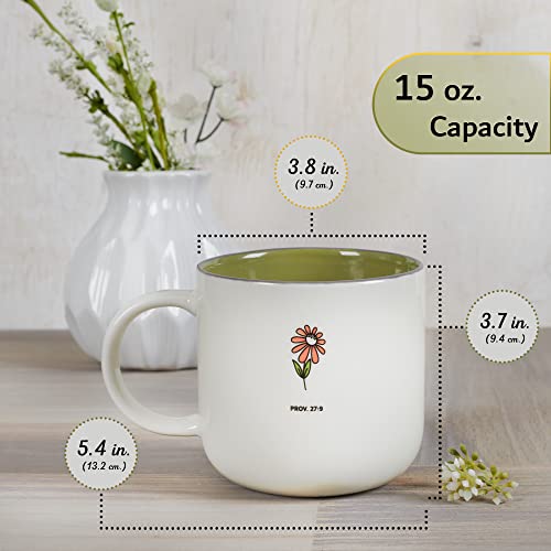 Christian Art Gifts Sage Green Floral Ceramic Coffee Mug – 15 oz. Microwave and Dishwasher-safe Inspirational Scripture Coffee and Tea Mug for Friends with Bible Verse: Sweet Friendship –Proverbs 27:9