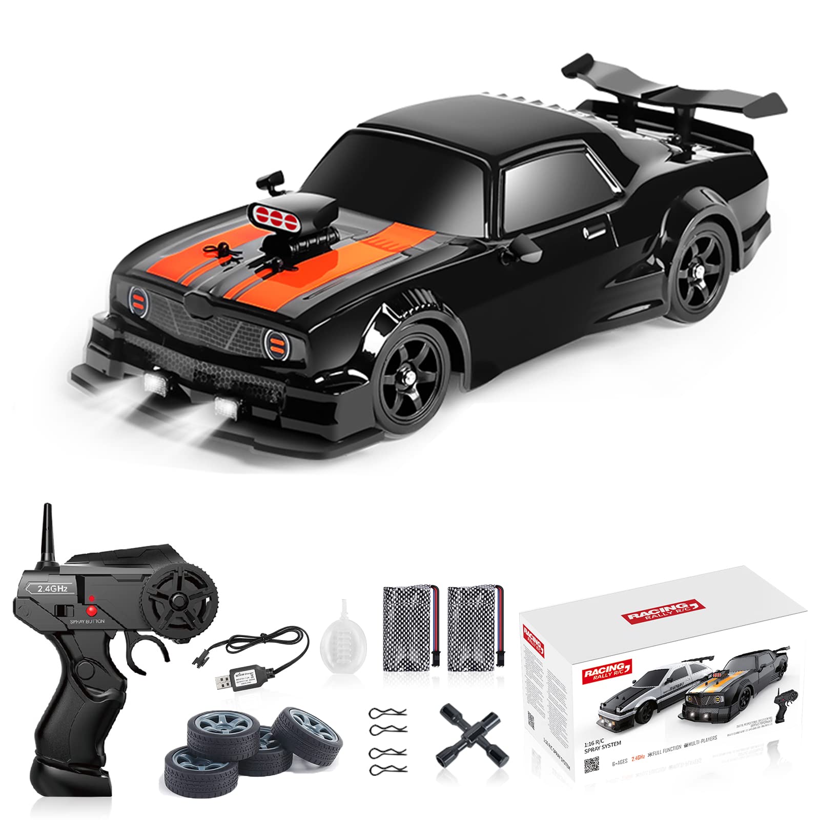 Remote Control Car RC Drift Car 1:16 Scale 4WD 18KM/H High Speed Model Vehicle 2.4GHz with LED Lights Spray Rubber Tire Racing Sport Toy Car for Adults Boys Girls Kids Gift 2Pcs Rechargeable Batteries