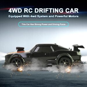 Remote Control Car RC Drift Car 1:16 Scale 4WD 18KM/H High Speed Model Vehicle 2.4GHz with LED Lights Spray Rubber Tire Racing Sport Toy Car for Adults Boys Girls Kids Gift 2Pcs Rechargeable Batteries