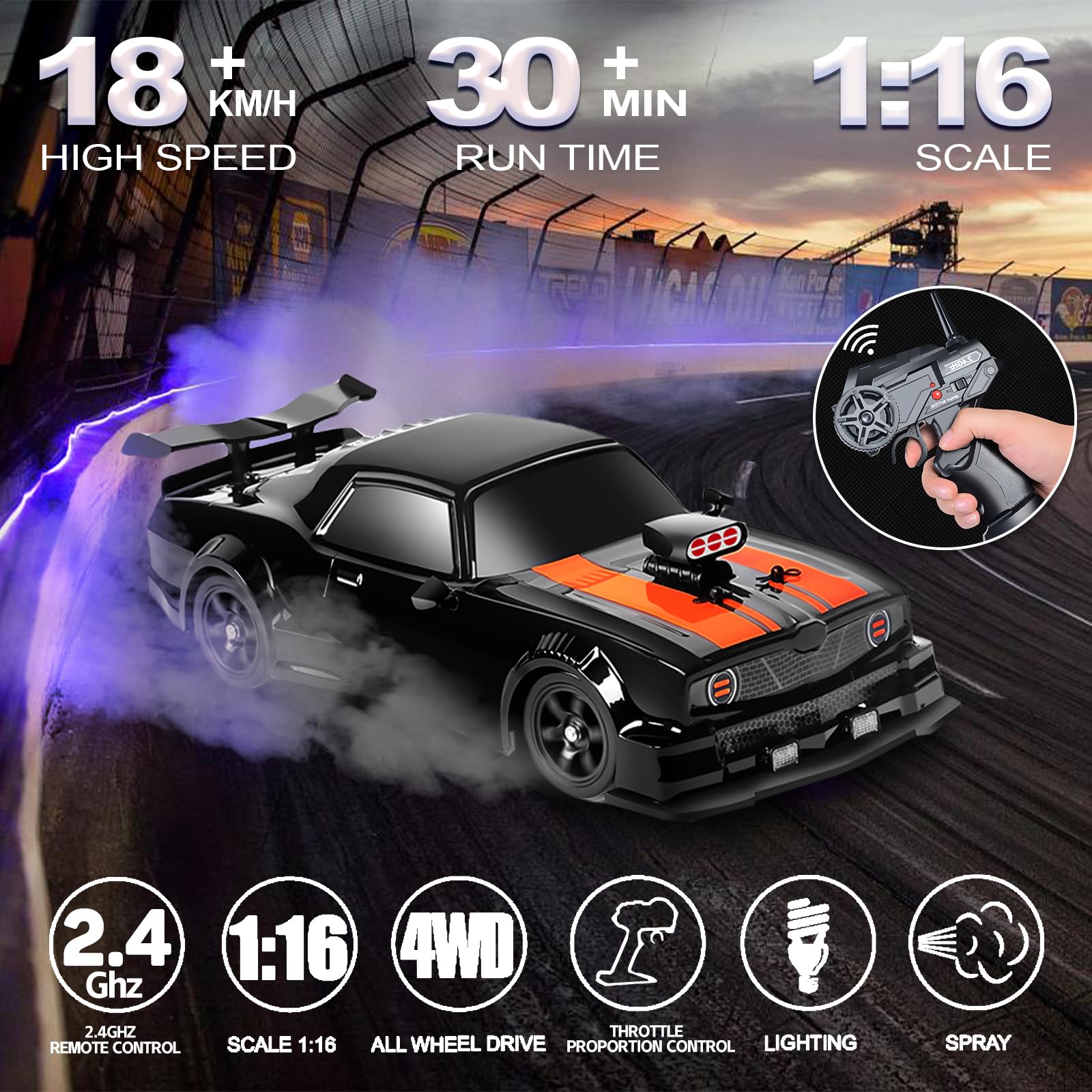 Remote Control Car RC Drift Car 1:16 Scale 4WD 18KM/H High Speed Model Vehicle 2.4GHz with LED Lights Spray Rubber Tire Racing Sport Toy Car for Adults Boys Girls Kids Gift 2Pcs Rechargeable Batteries