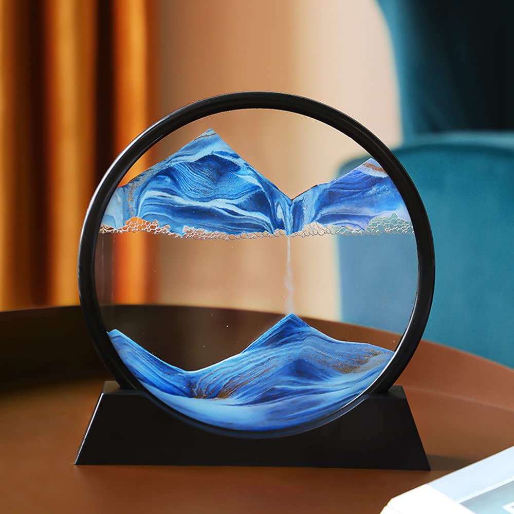 Arthink Moving Sand Art Picture in Motion Round Glass 3D Deep Sea Landscape, Dynamic Sand Art Sandscapes, Sensory Relaxing Desktop Table Decor Desk Decor Art Desk (7 inch, Blue)