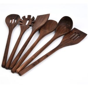 6 pcs black walnut kitchen utensils set for cooking, natural wooden cooking utensils,wood slotted spoon spatula turner set for nonstick cookware pasta fork spaghetti server soup ladle,a