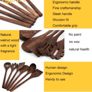 6 PCS Black Walnut Kitchen Utensils Set for Cooking, Natural Wooden Cooking Utensils,Wood Slotted Spoon Spatula Turner Set for Nonstick Cookware Pasta Fork Spaghetti Server Soup Ladle,A